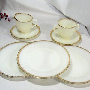 FIRE KING LOT OF 7 PIECES, WHITE WITH GOLD RIM 1950
